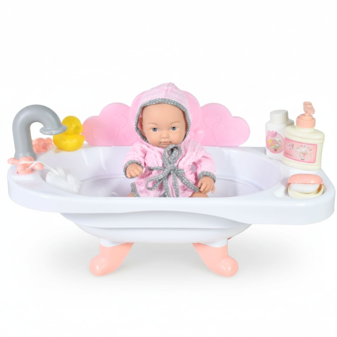 Muñeco bebé con bañera y accesorios, 48,5 × 25 cm