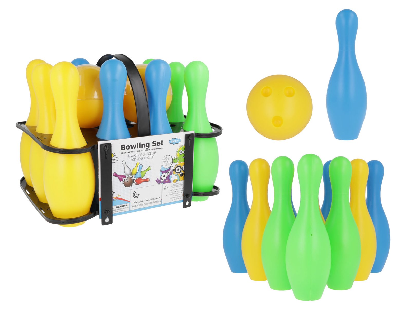 Bowling set de 12 piezas con canasto 2 pelotas, 22 cm