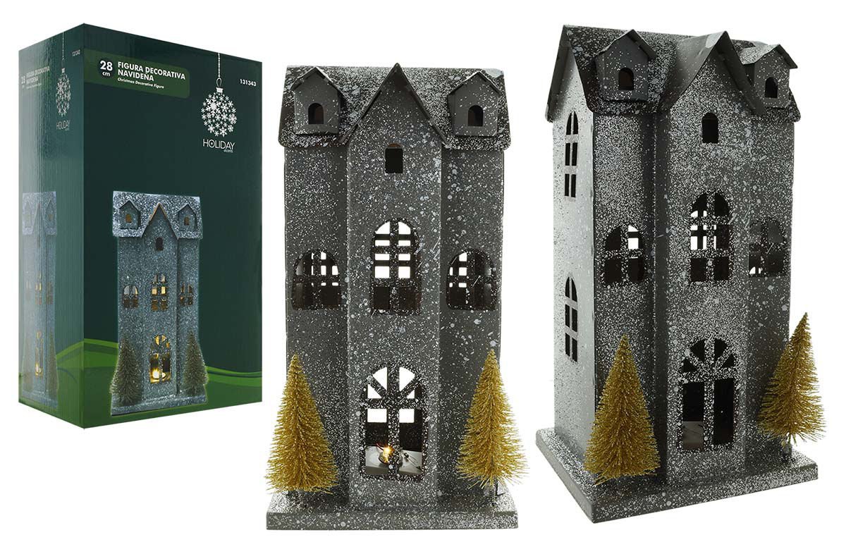 Casa navideña de metal con luz y glitter, 15,5 × 13,5 cm