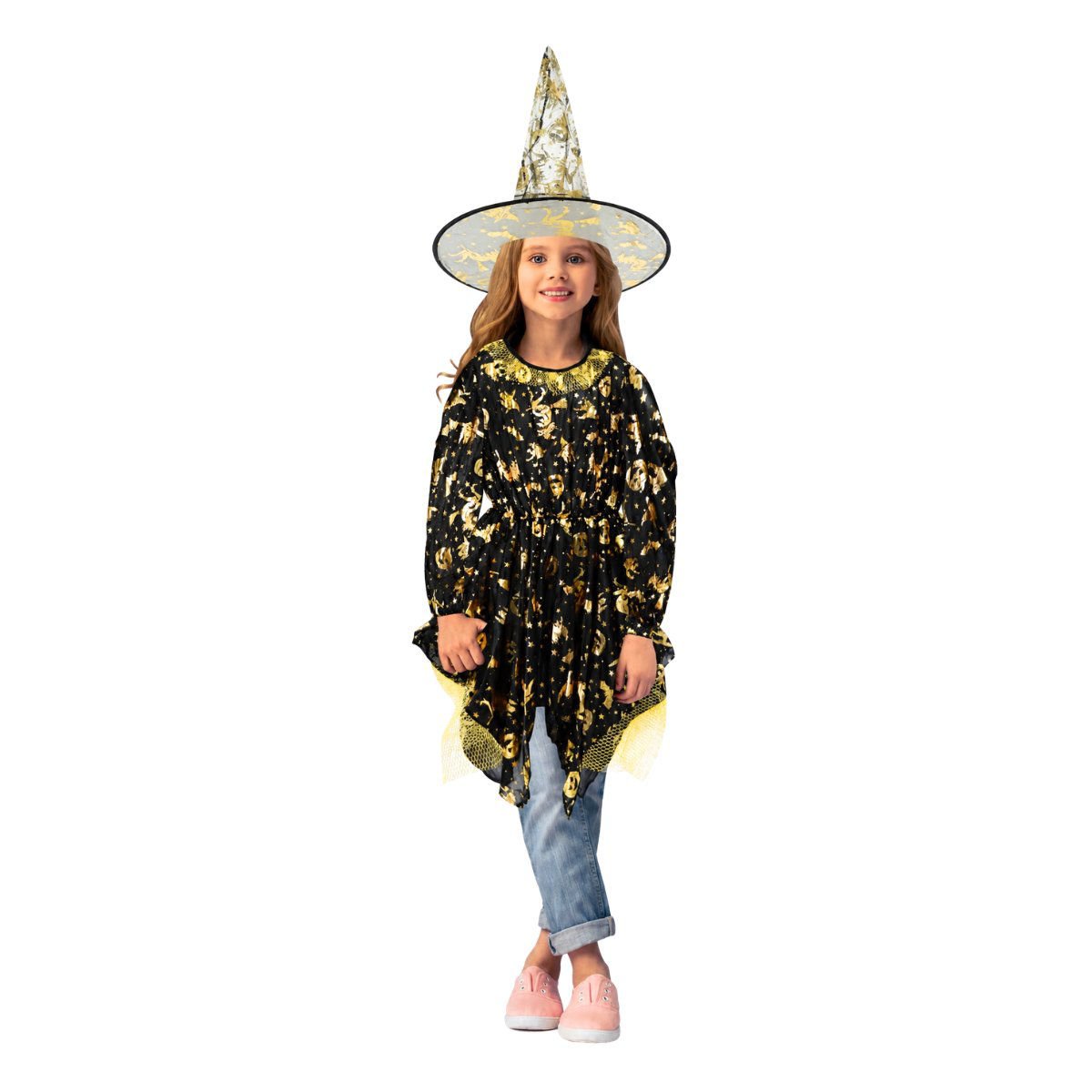 Disfraz bruja vestido negro y dorado con red y gorro talles s-m-l