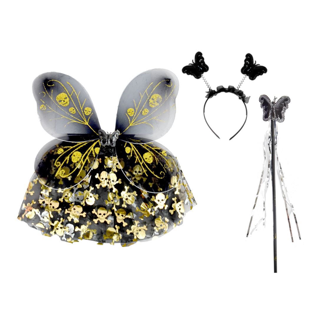 Disfraz de mariposa negro con cráneos, set de 4 piezas