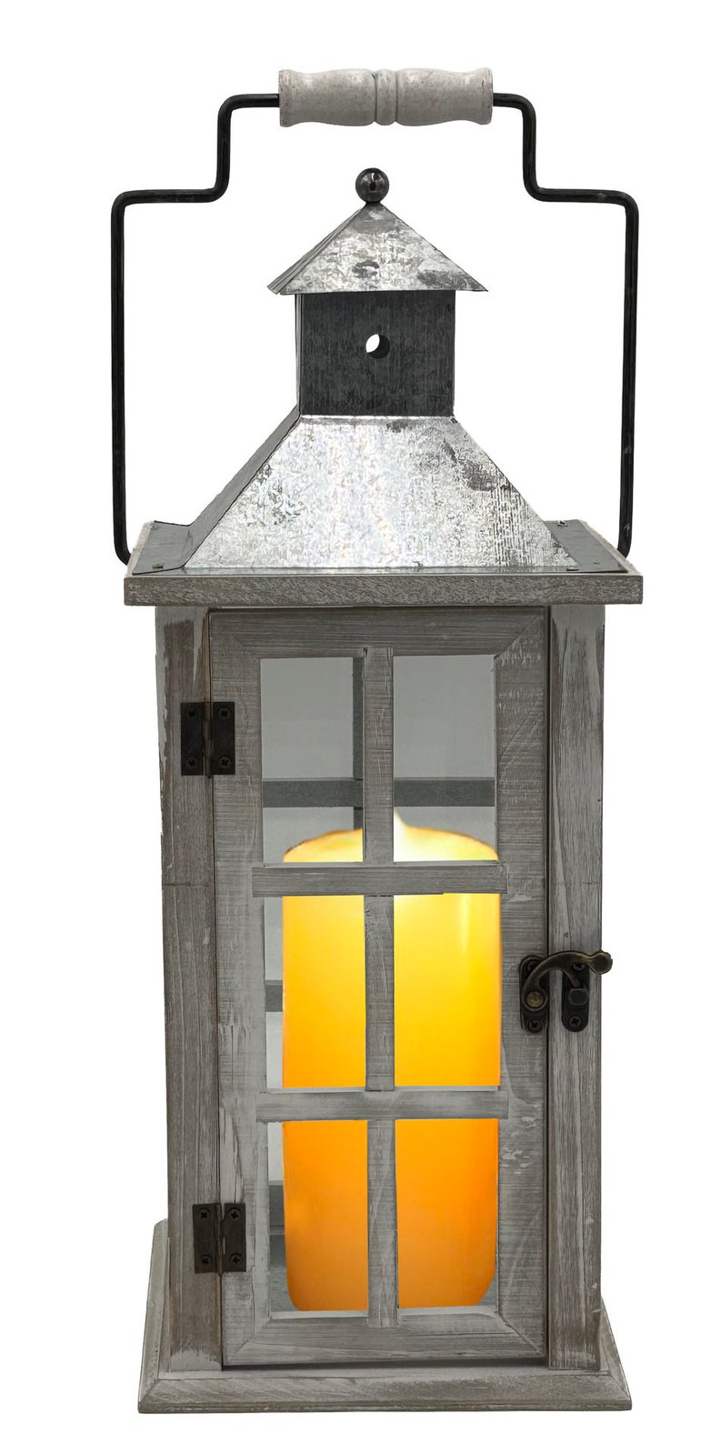 Farol vintage de madera y metal con vidrio y asa, 16,5 × 16,5 × 43 cm
