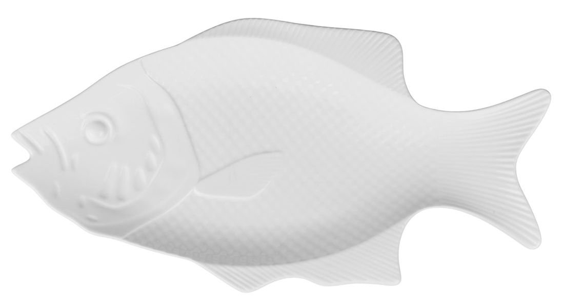 Plato pez de cerámica blanca tipo fuente, 34,5 × 18,5 cm