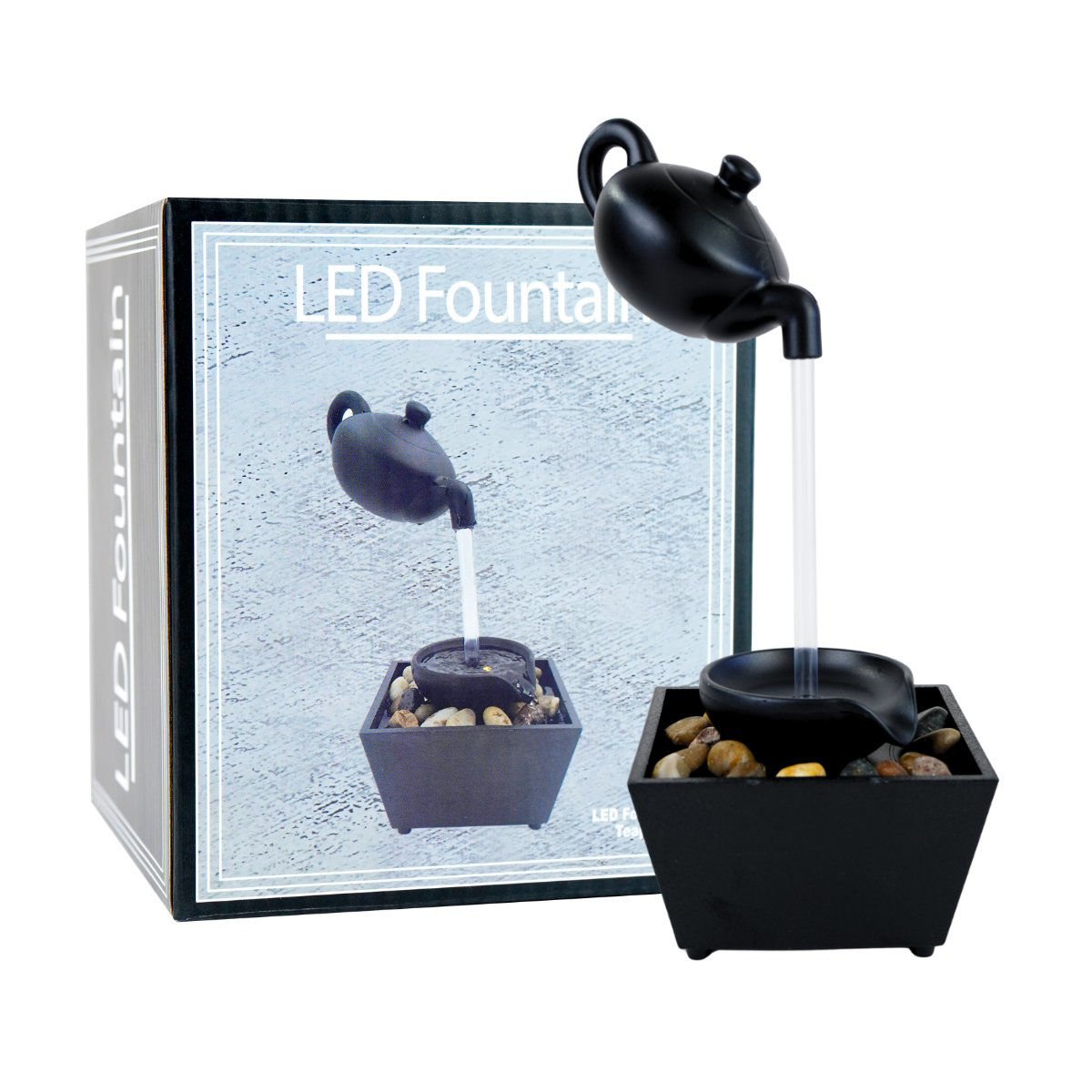Fuente de agua con luz LED, tetera y piedras, a pila o USB
