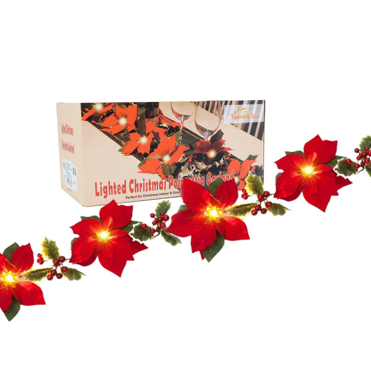 Luces LED flor estella federal X10 navideña con muerdago a pila, 2 m