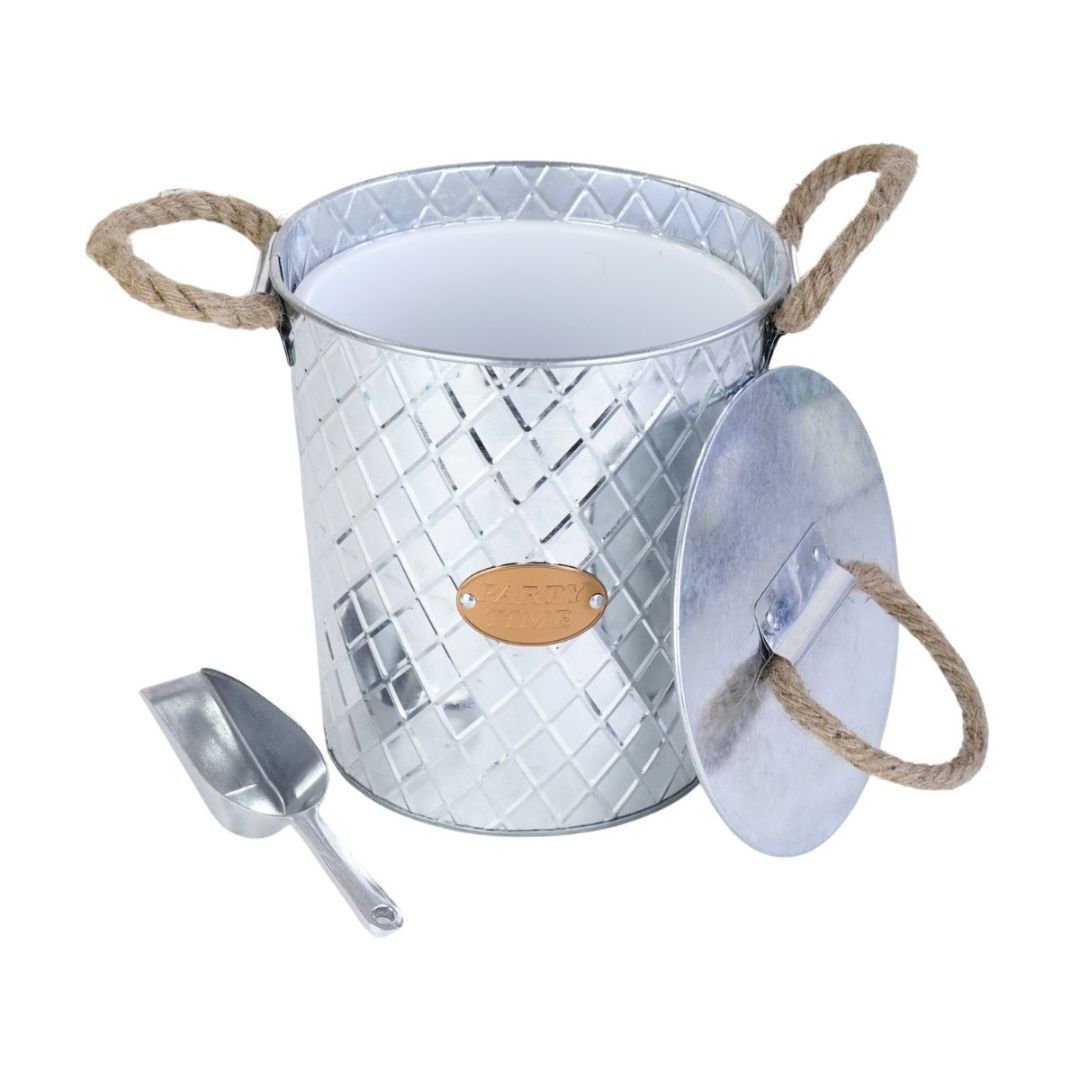 Hielera galvanizada con cuchara hielo con asa cuerda rombo party time 19,5