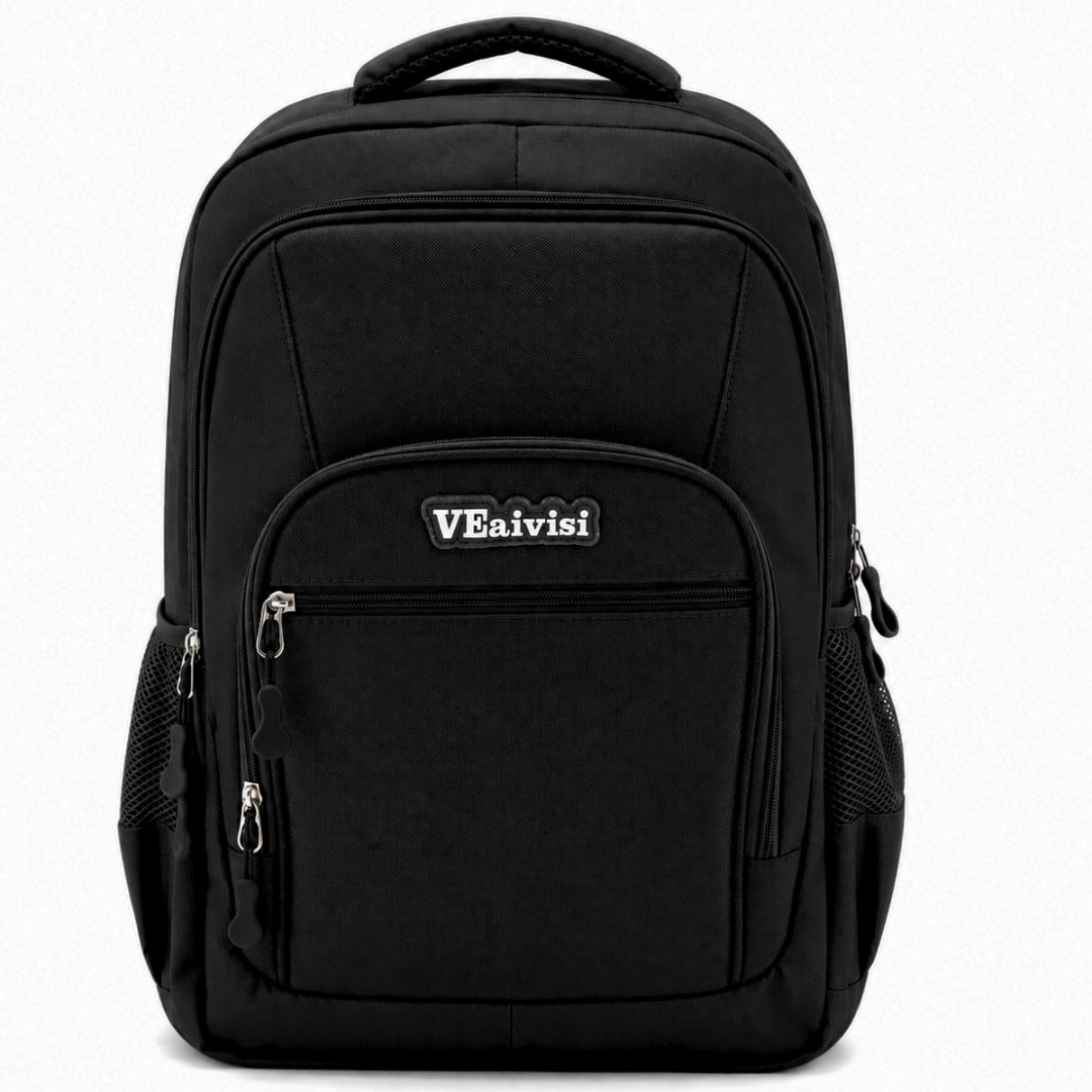Mochila negra con múltiples compartimentos con cierre, 48 × 30 × 15 cm