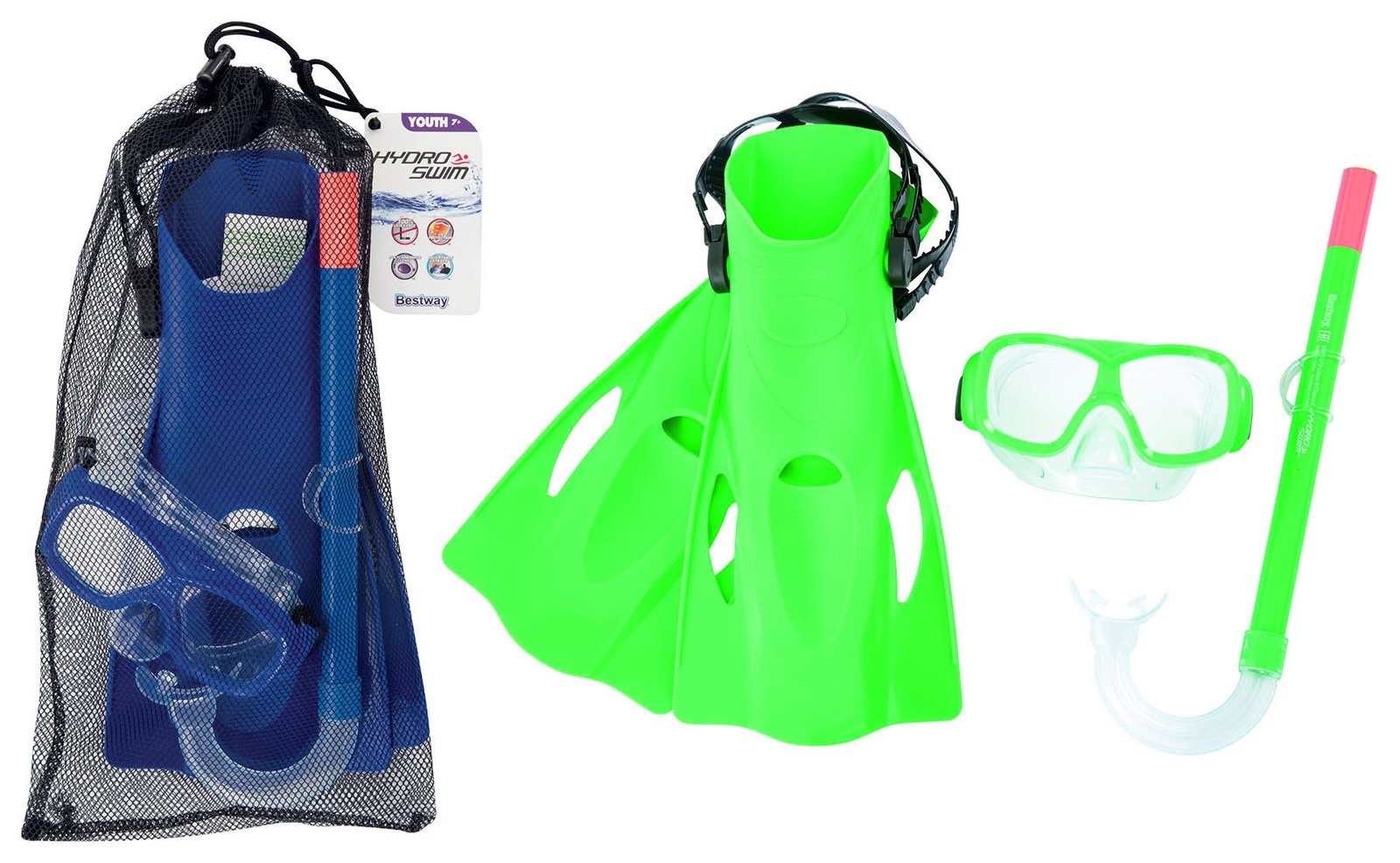 Máscara buceo Bestway con snorkel y patas rana y 7 libre bolsa red