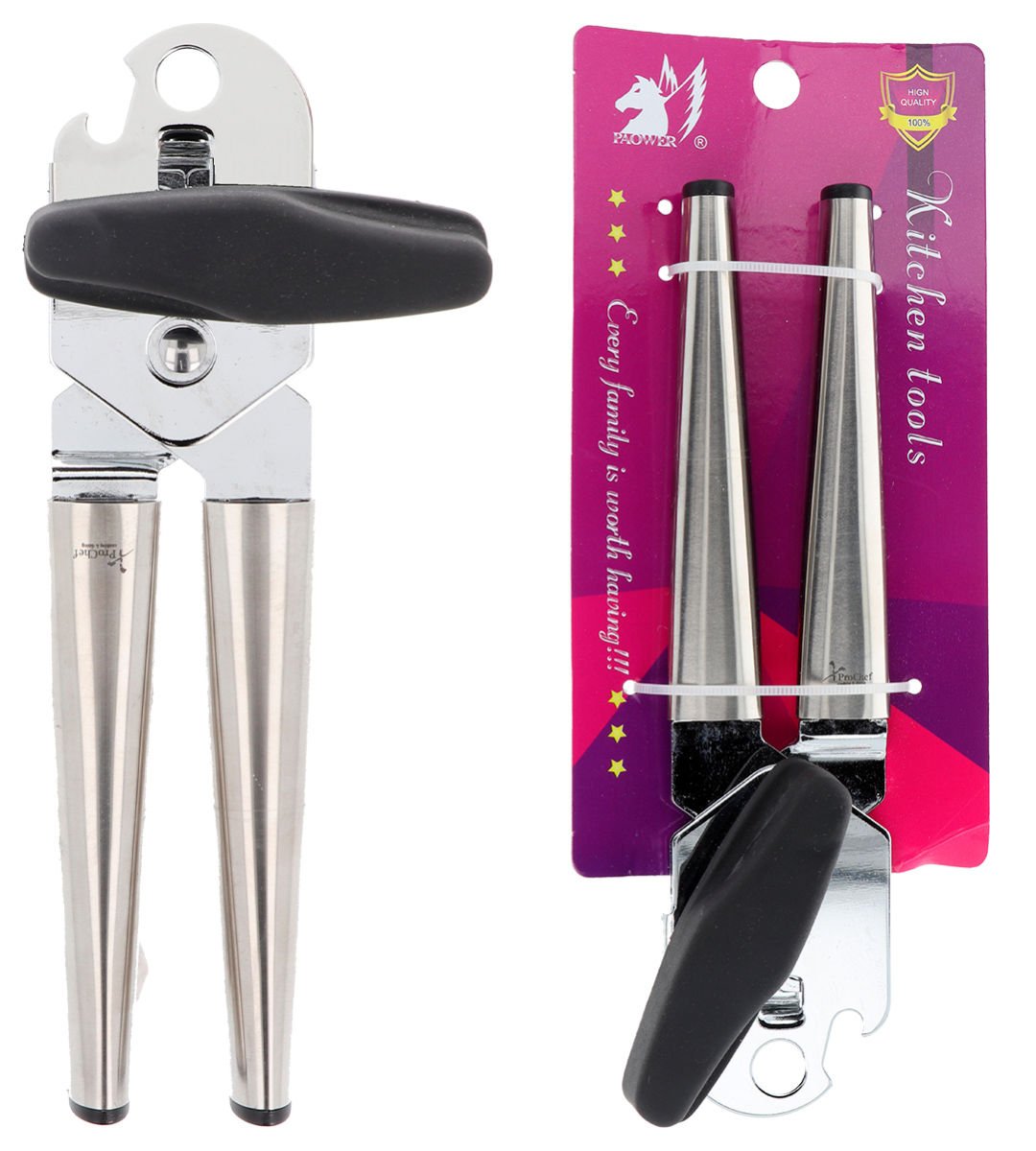 Abrelata con destapador de acero inoxidable, 19,5 cm