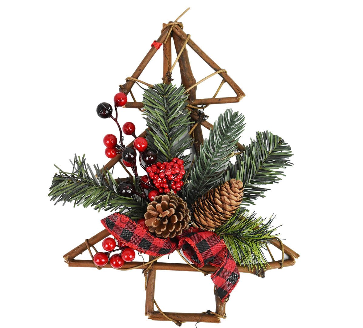 Adorno para puerta árbol navideño de madera con piñas frutos moña, 31 × 24 cm