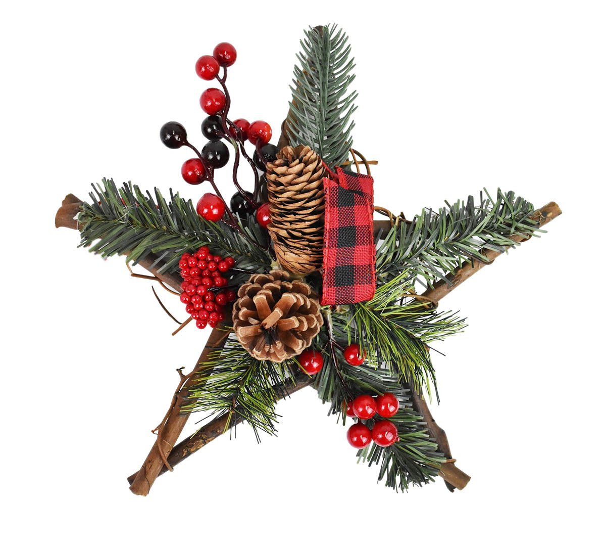 Adorno para puerta estrella navideña de madera con piñas frutos moña, 29 cm