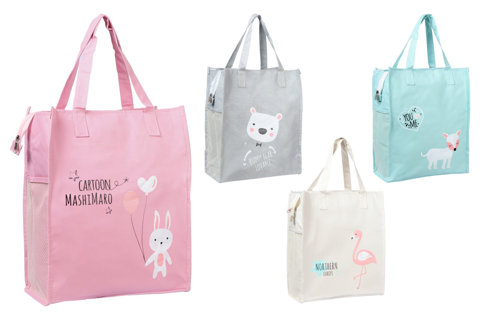 Bolsa de lona lisa con diseño asas y bolsillos red laterales, 30 × 36 cm