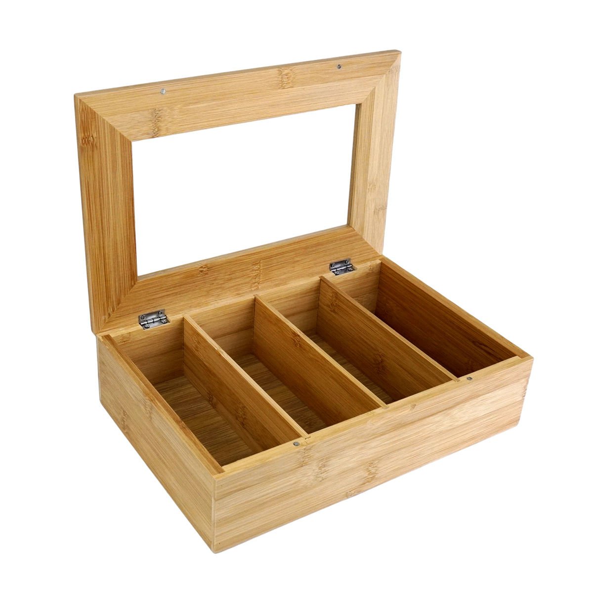 Caja de té bamboo 4 divisiones tapa con vidrio, 29,5 × 19,5 cm