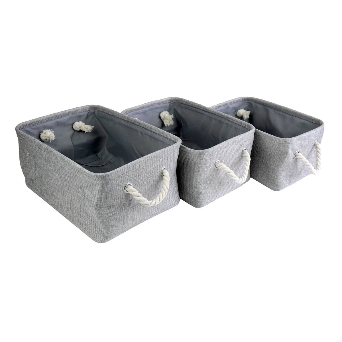 Canasto de tela set de 3 piezas gris plegable con asas cuerda forrado