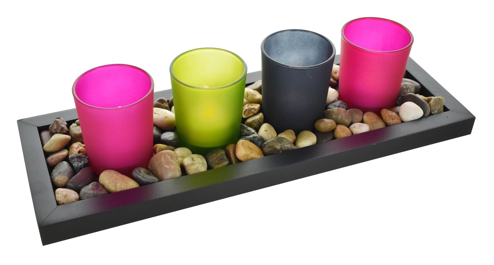 Candelabro de vidrio color X4 con vela LED piedras base, 34 × 12 cm