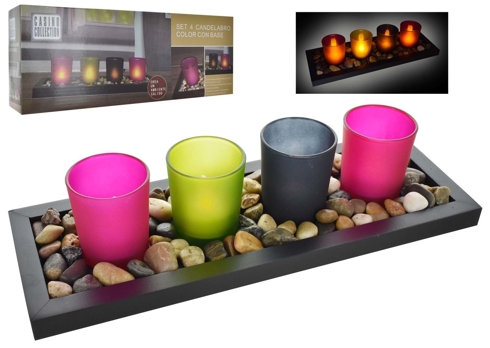 Candelabro de vidrio color X4 con vela LED piedras base, 34 × 12 cm