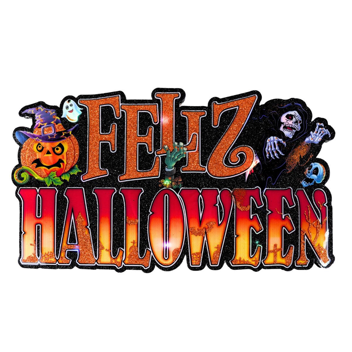 Cartel Feliz Halloween con luz de 3 funciones y glitter, 37 × 21 cm