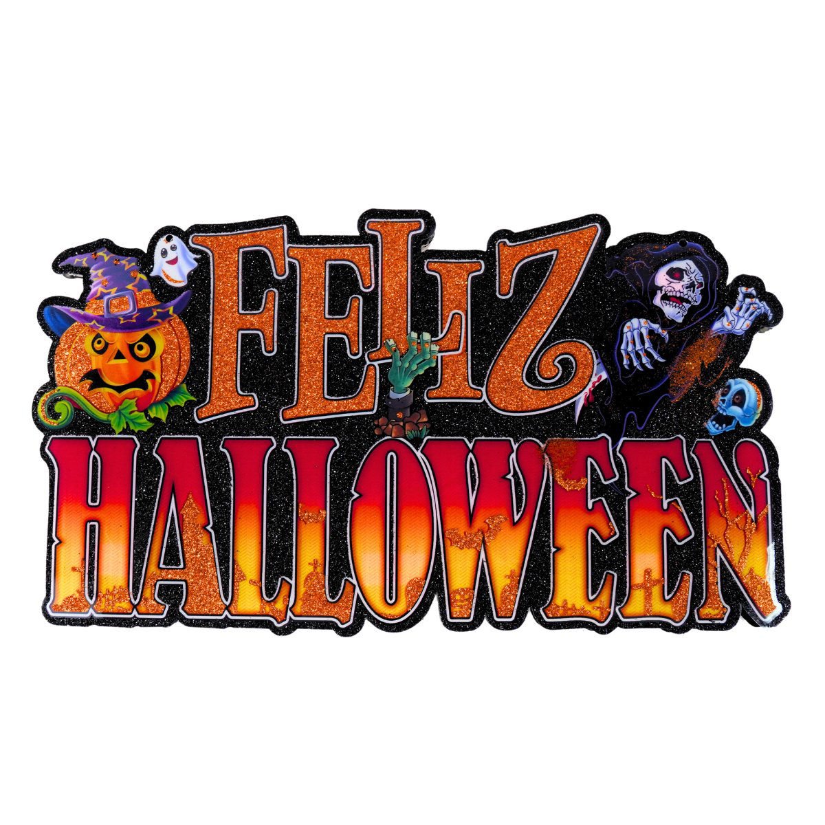 Cartel Feliz Halloween con luz de 3 funciones y glitter, 37 × 21 cm