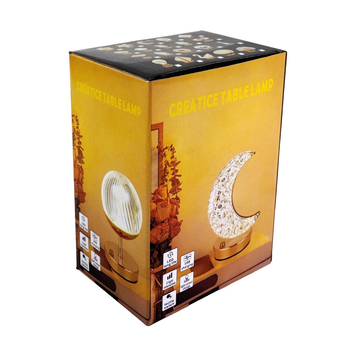 Lámpara LED media luna dorada con base de plástico, USB, 19 cm