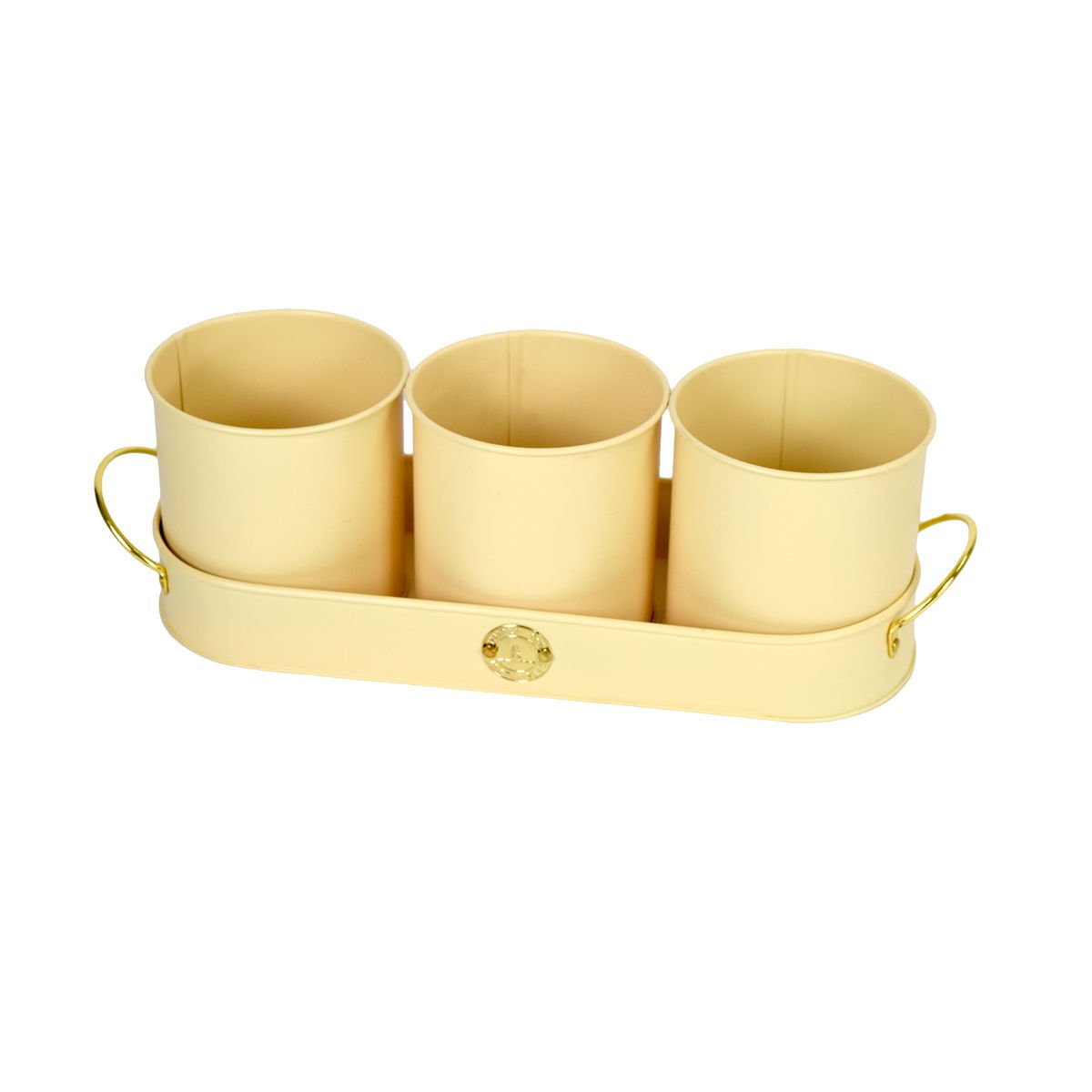 Maceta de metal con bandeja color beige, 33 × 12 cm, 3 piezas