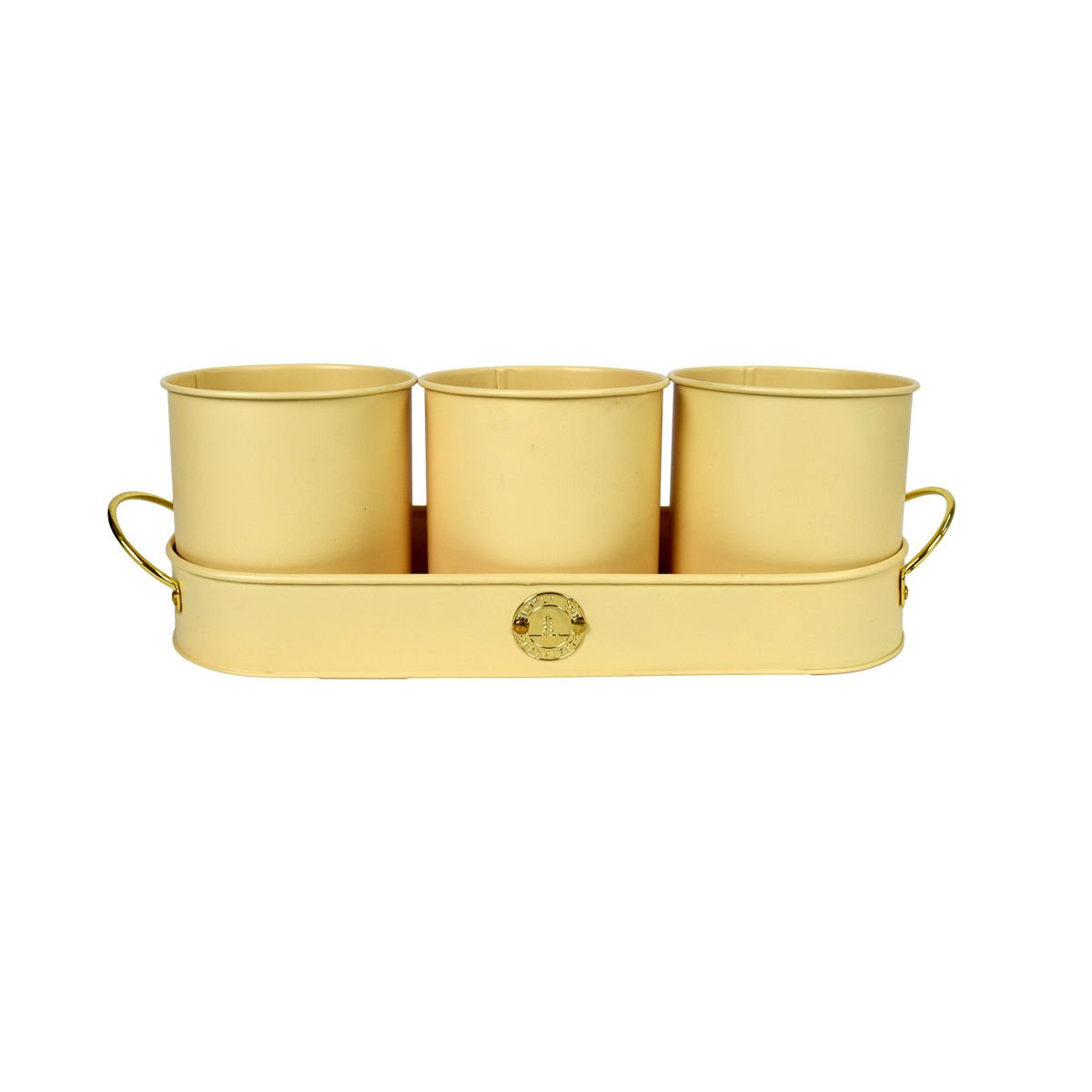 Maceta de metal con bandeja color beige, 33 × 12 cm, 3 piezas