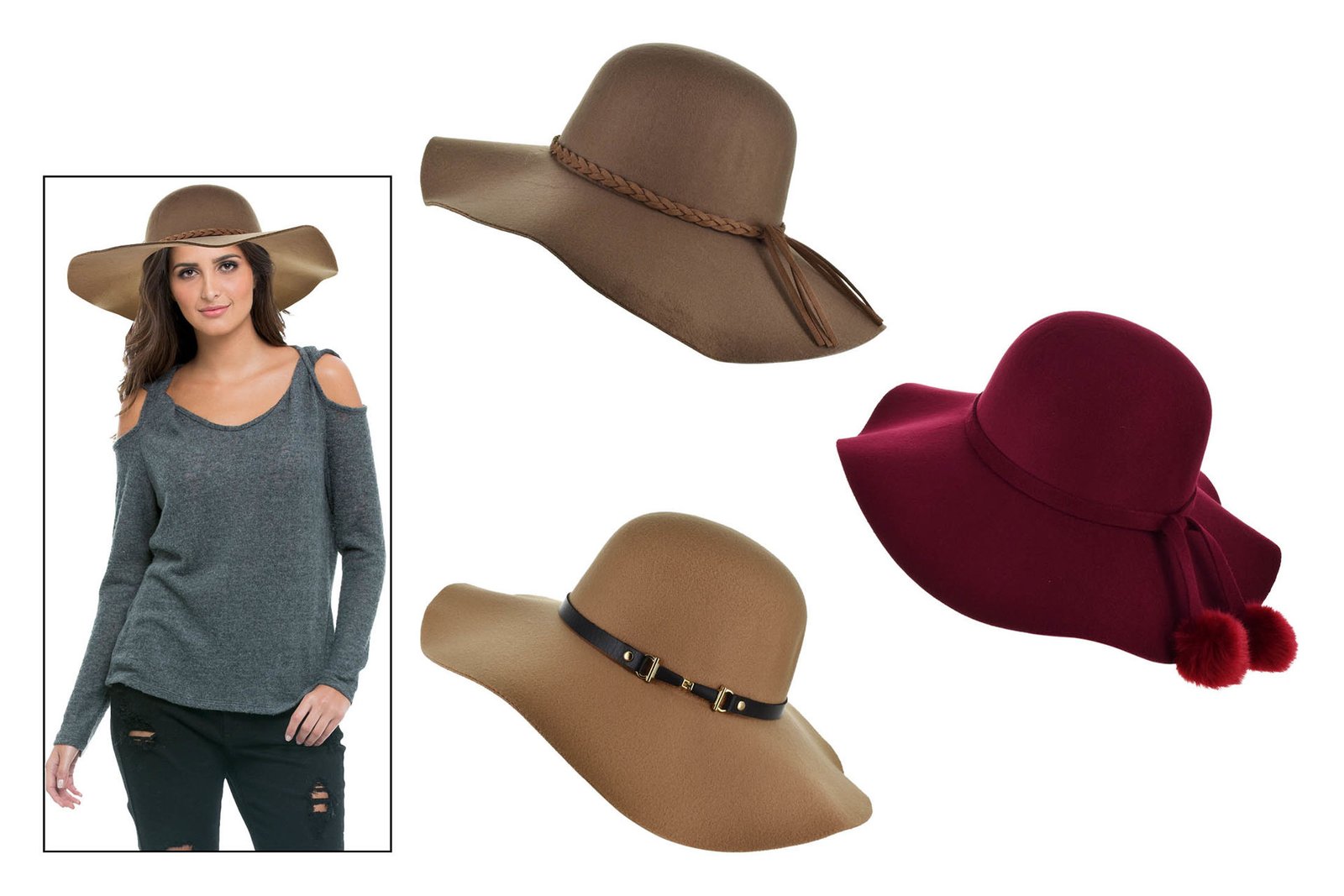 Sombrero dama paño ala ancha con trensa de cuerina