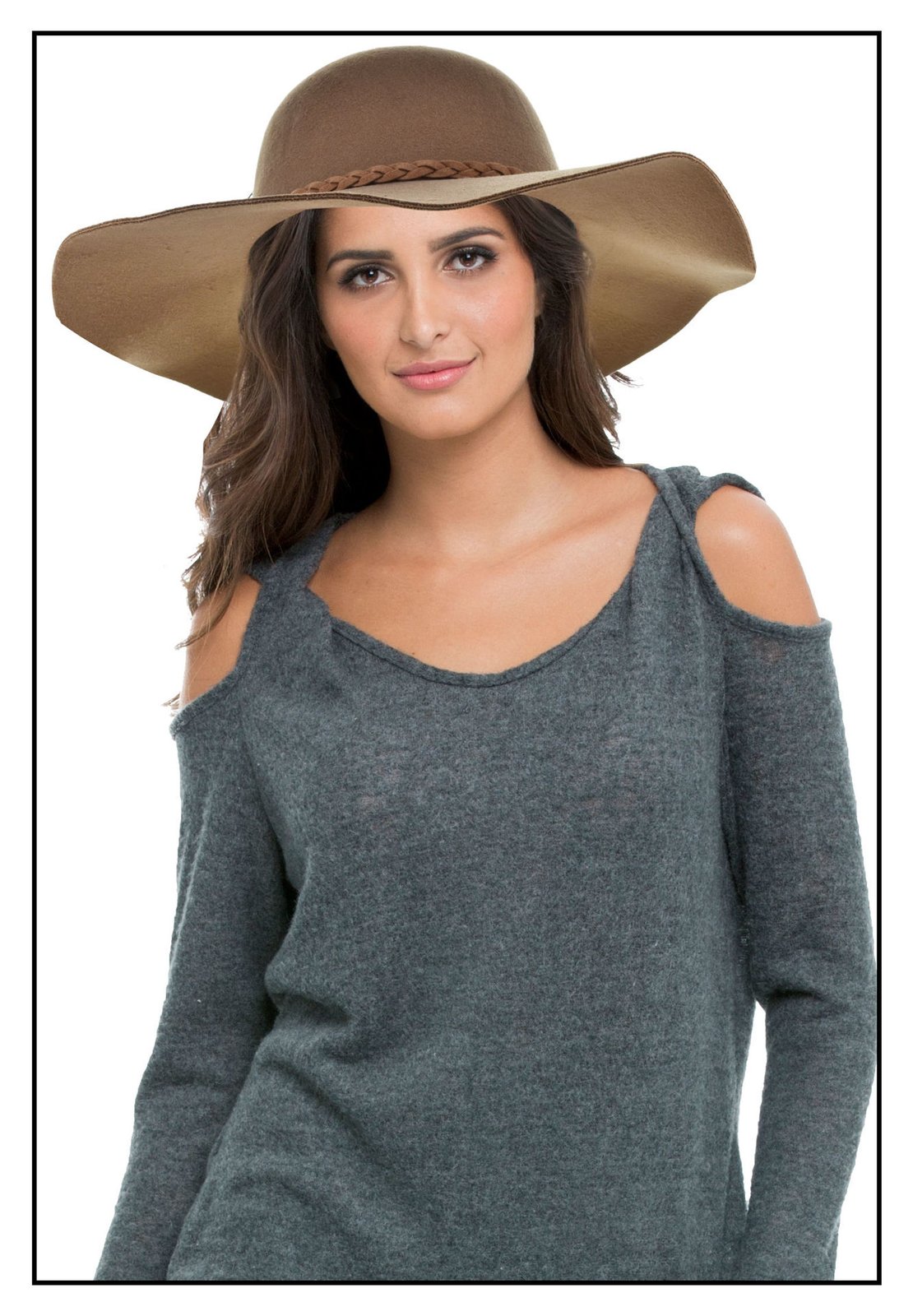 Sombrero dama paño ala ancha con trensa de cuerina