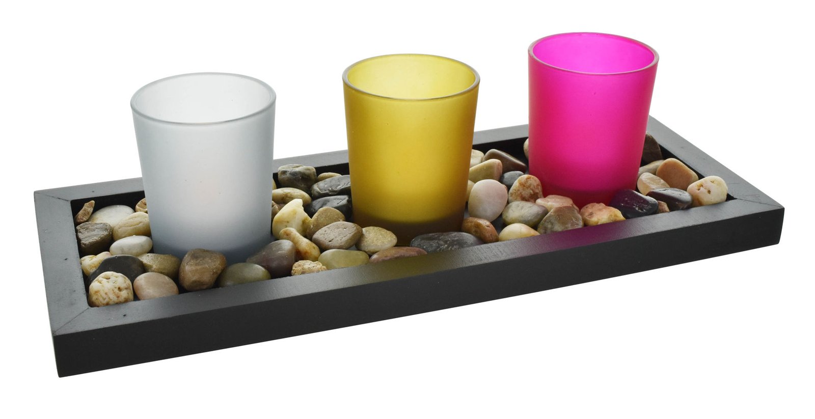 Candelabro de vidrio color X3 con vela LED piedras base, 30 × 12 cm