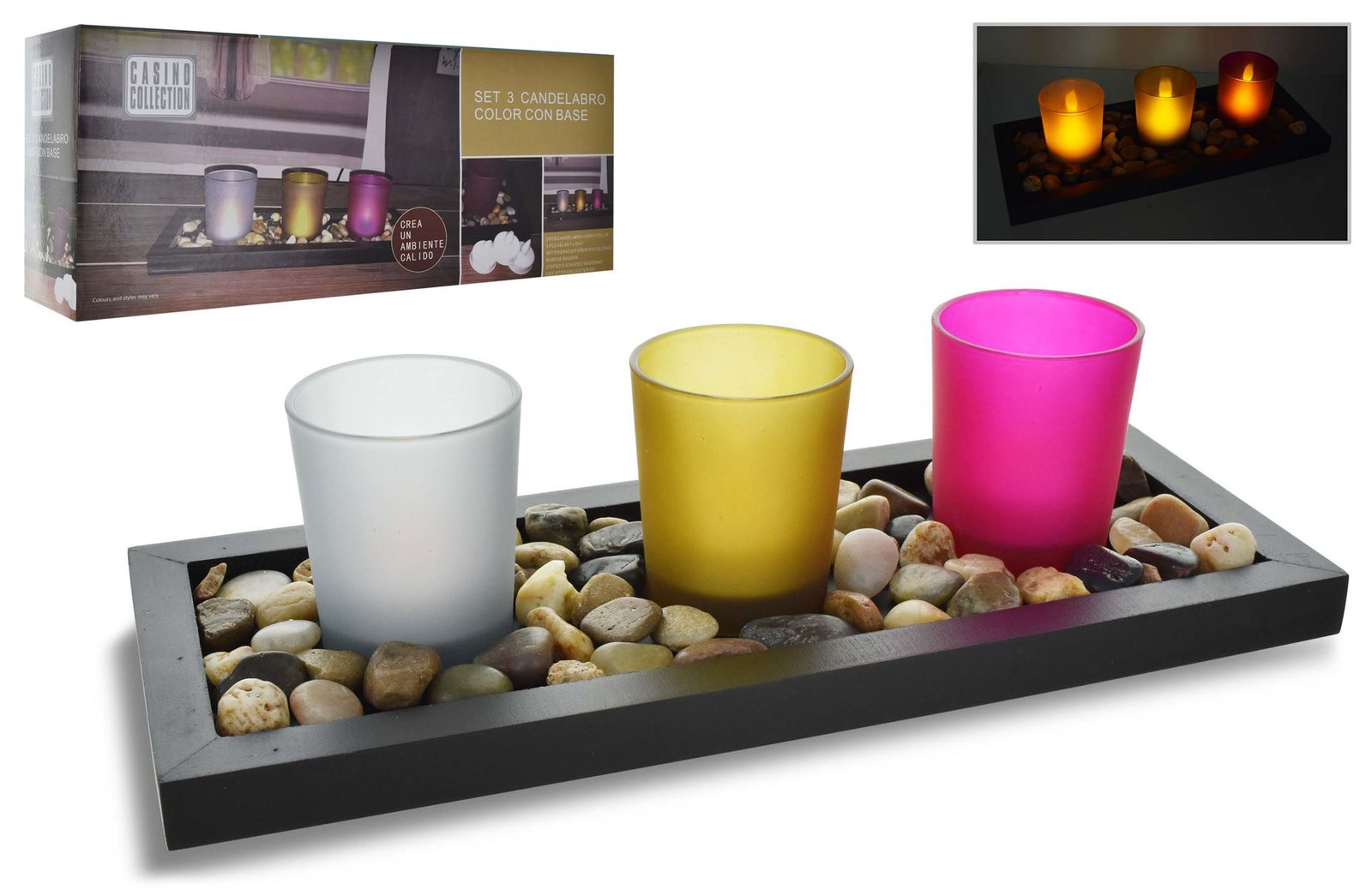 Candelabro de vidrio color X3 con vela LED piedras base, 30 × 12 cm