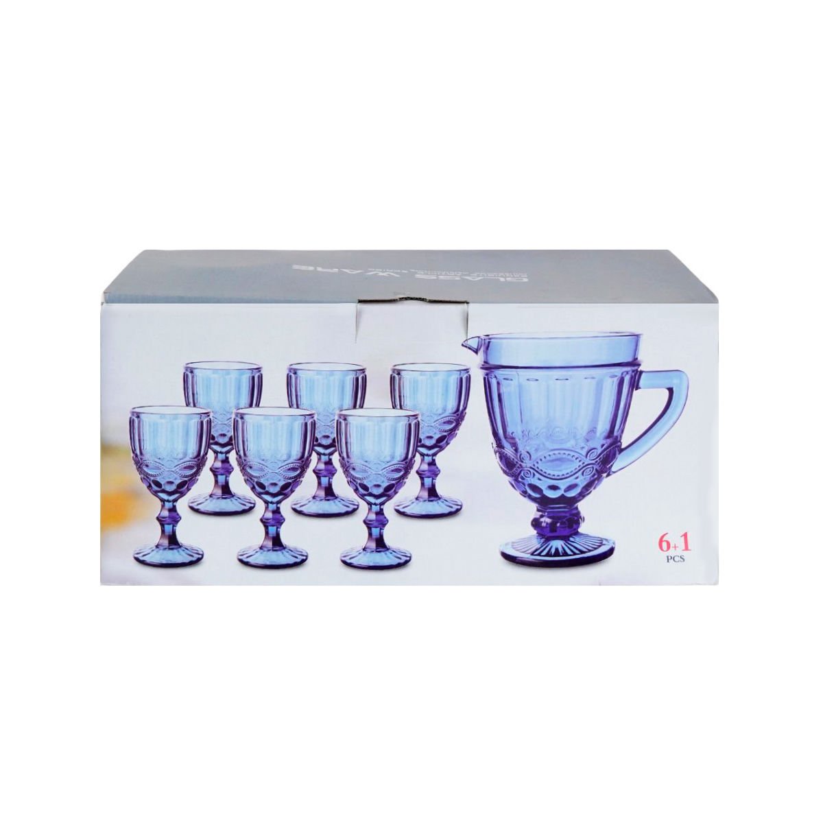Jarra de vidrio labrada con pie y 6 copas, set de 7 piezas