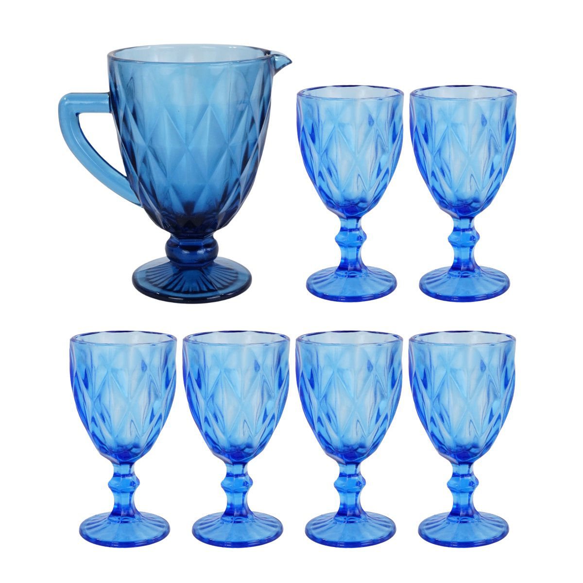 Jarra de vidrio labrada con pie y 6 copas, set de 7 piezas