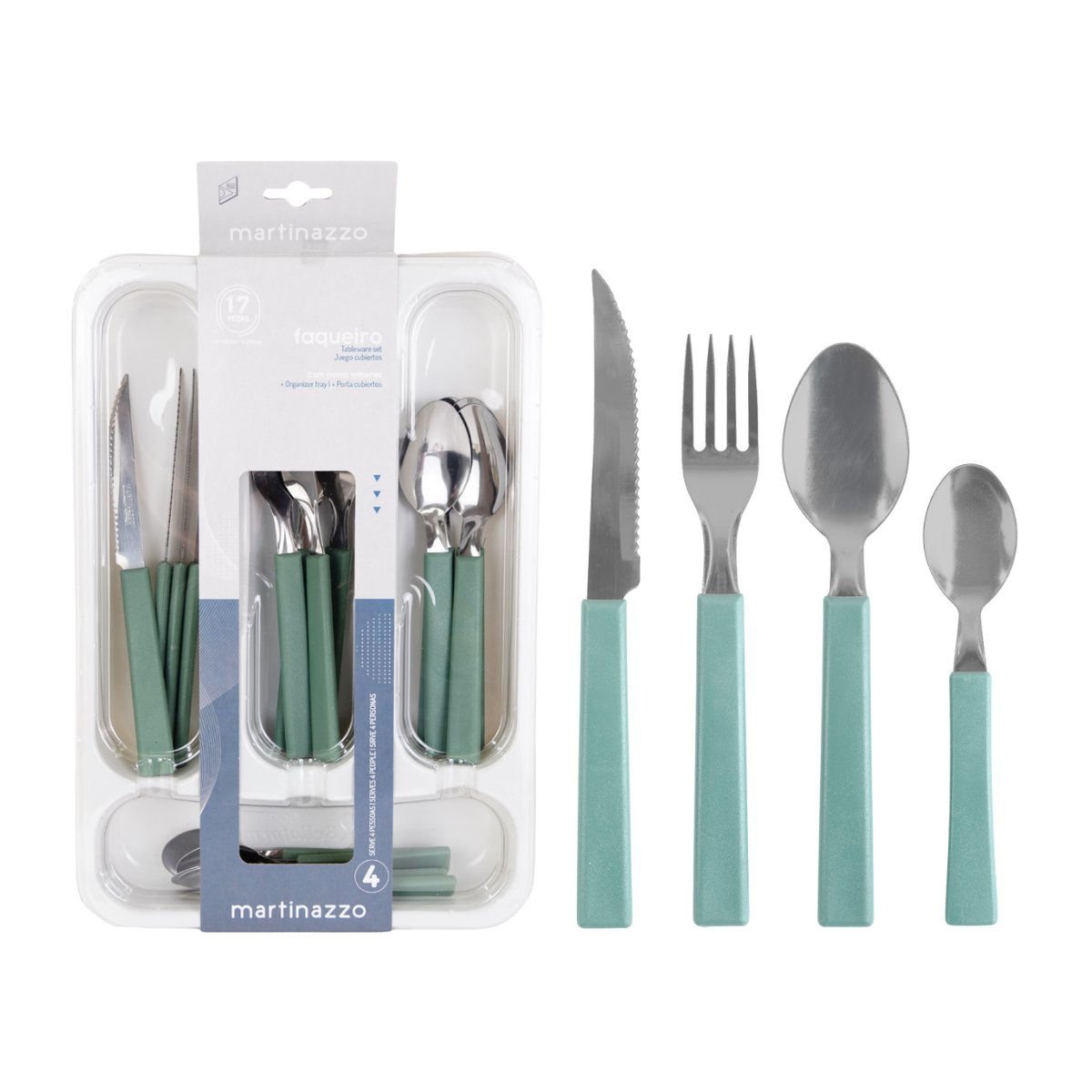 Juego de cubiertos cb verde salvia con porta cubiertos martinazzo, 17 piezas