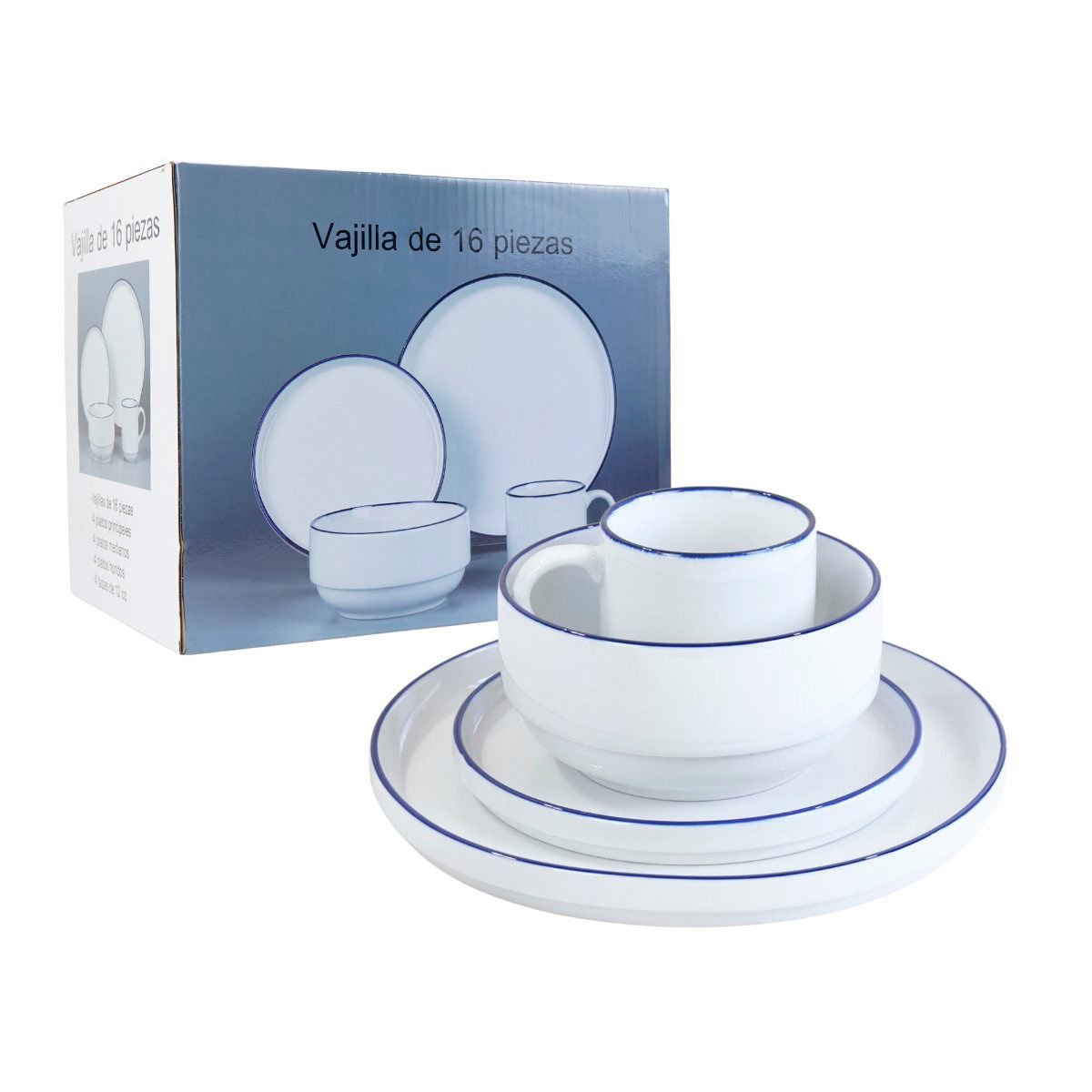 Juego de vajilla de cerámica blanca con borde azul, 16 piezas