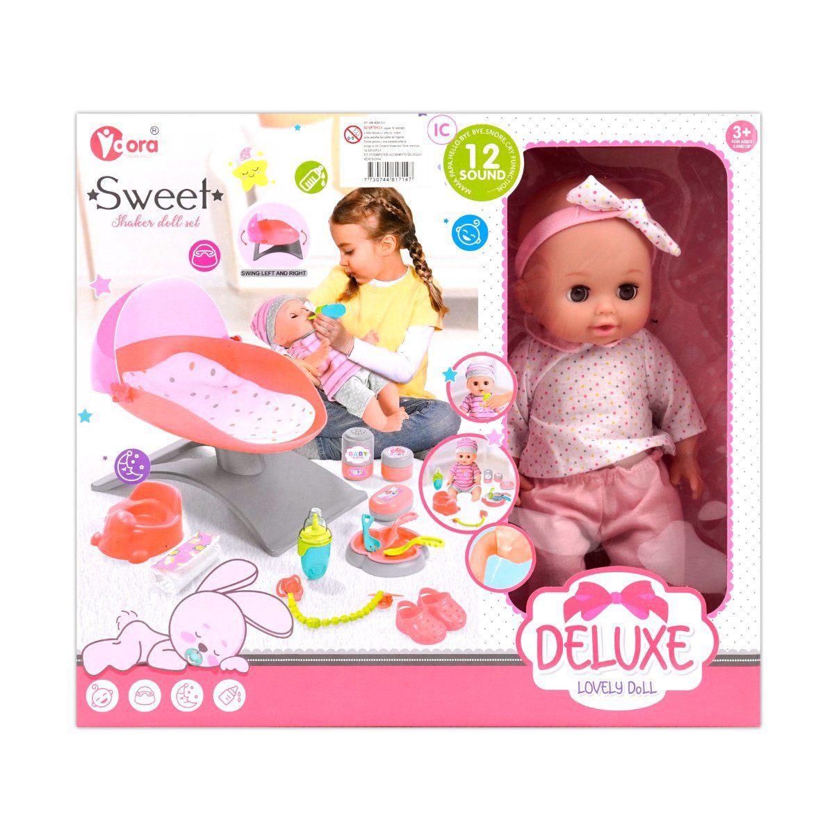 Bebé con silla y accesorios 12 sonidos pelela, 28 cm