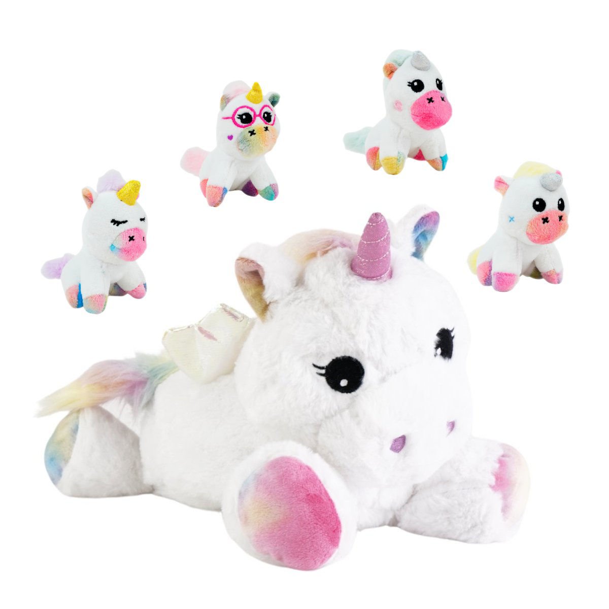 Peluche unicornio acostado con 4 hijos con alas, 30 × 15 cm