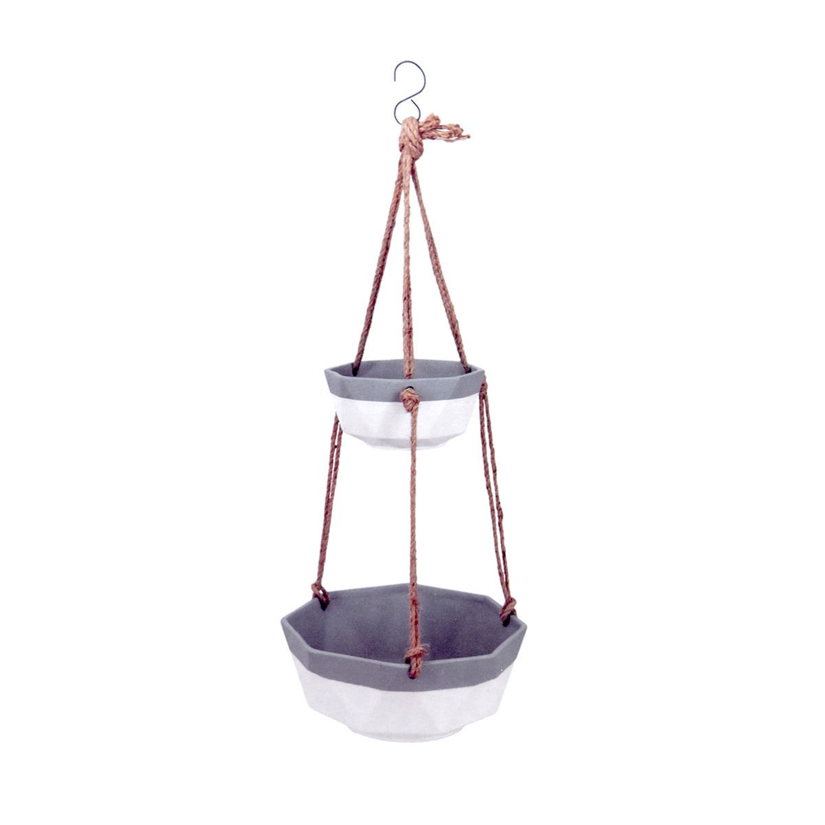 Maceta doble colgante de cerámica con cuerda de yute, 25 × 11,5 cm