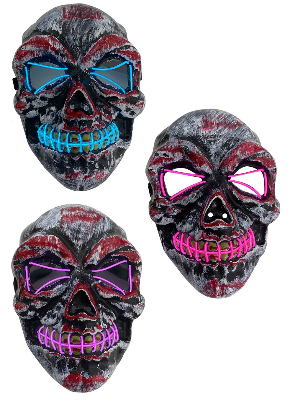 Máscara de Halloween con luz 3 funciones calavera negra, 23 × 16,5 cm