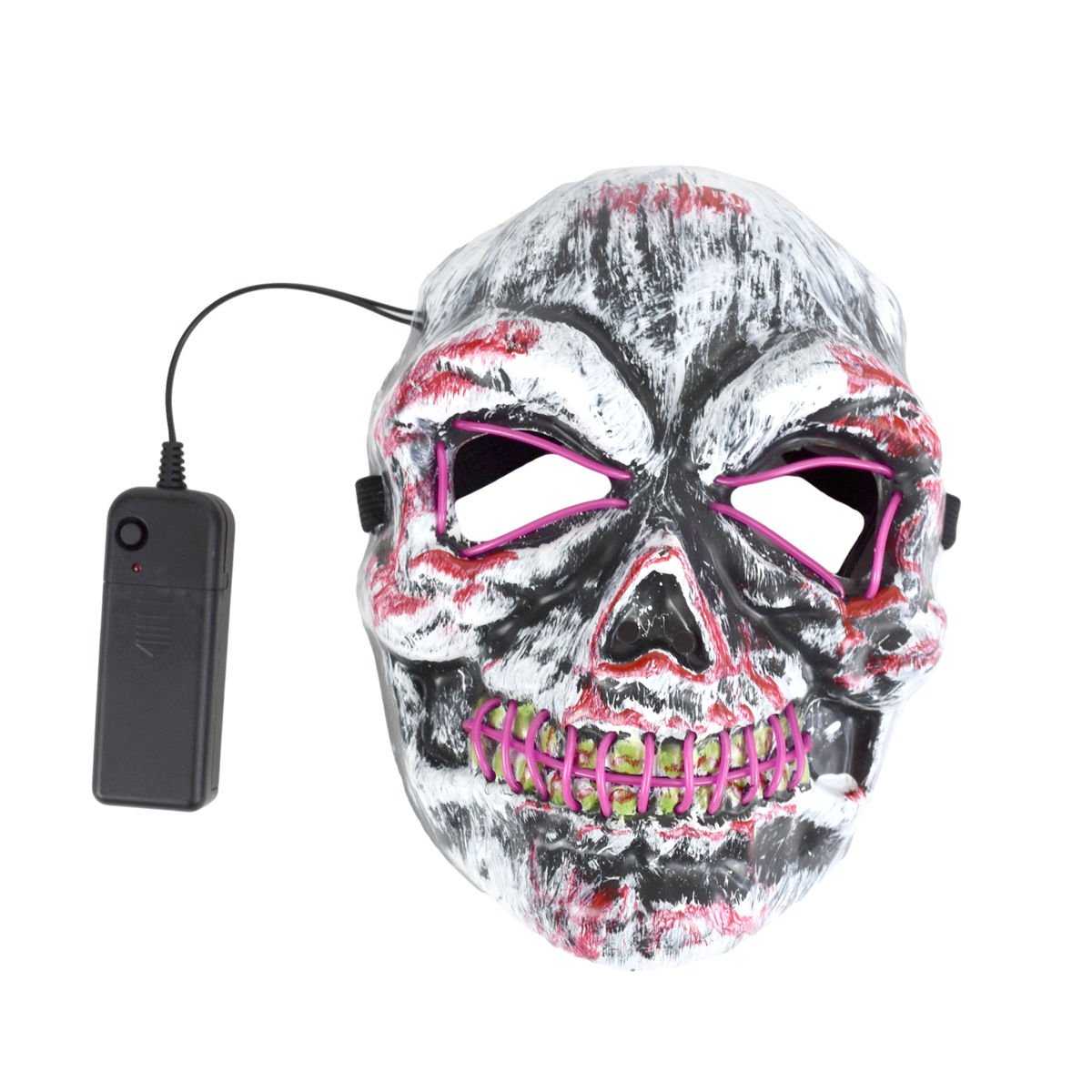 Máscara de Halloween con luz 3 funciones calavera negra, 23 × 16,5 cm
