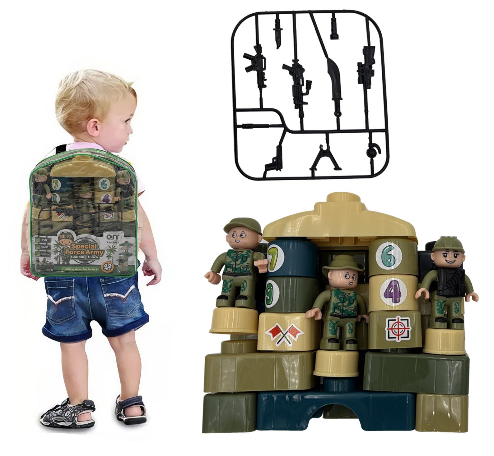 Bloques para armar en mochila verde militar de PVC, 48 piezas