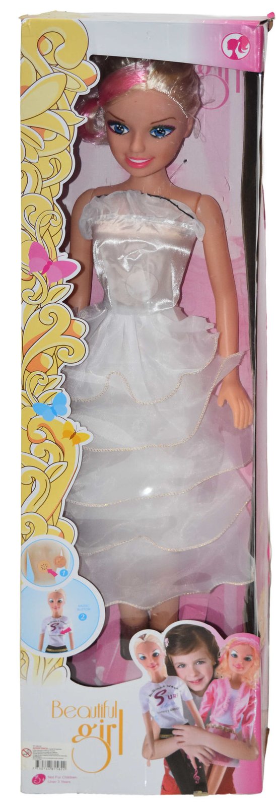 Muñeca canta de plástico con vestido, 75 cm