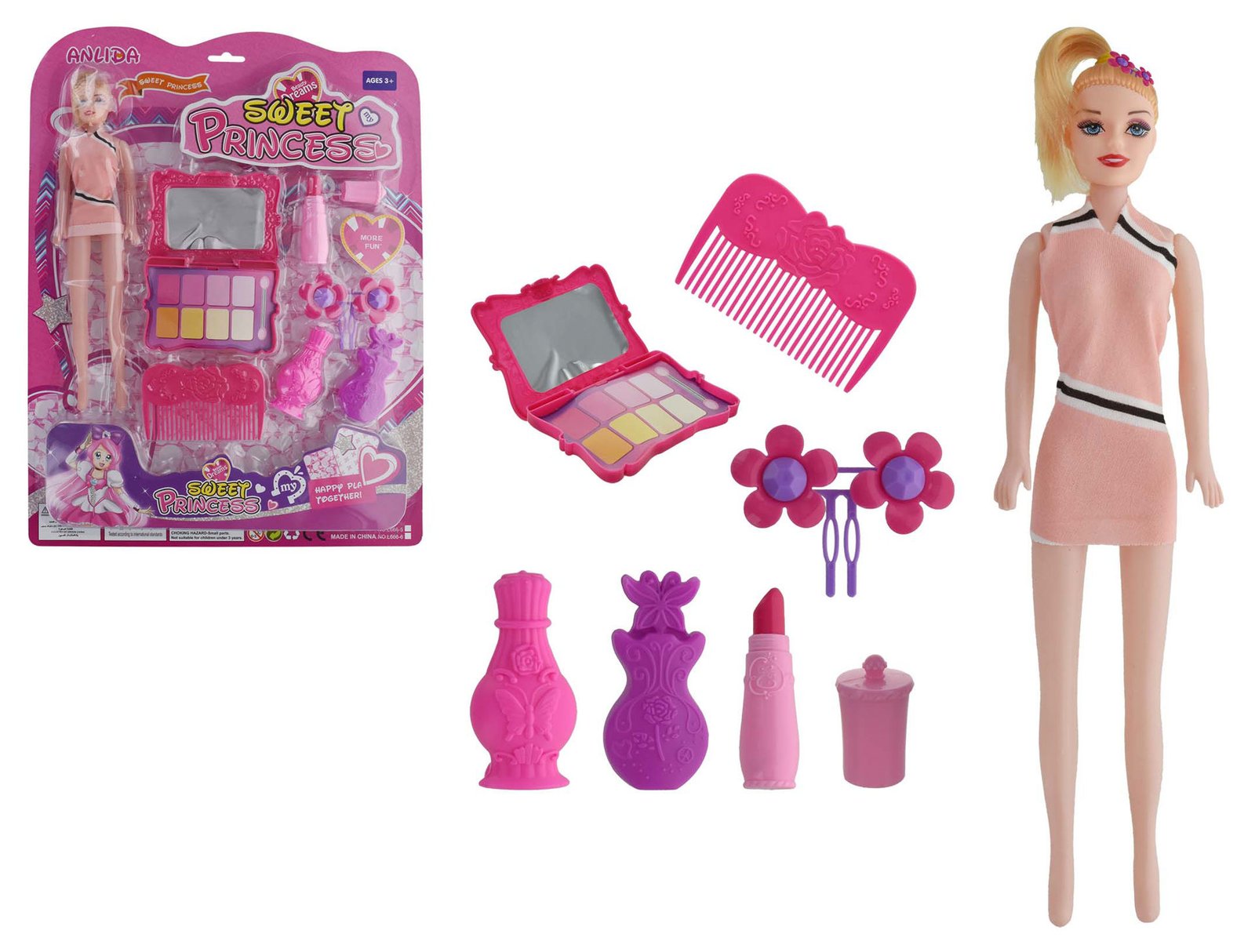 Muñeca con accesorios de belleza, 8 piezas
