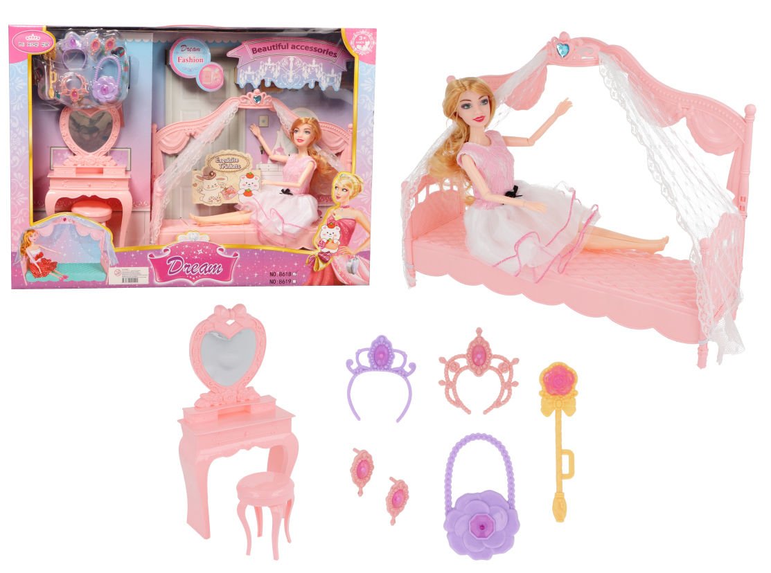 Muñeca articulada con dormitorio completo cama y comoda