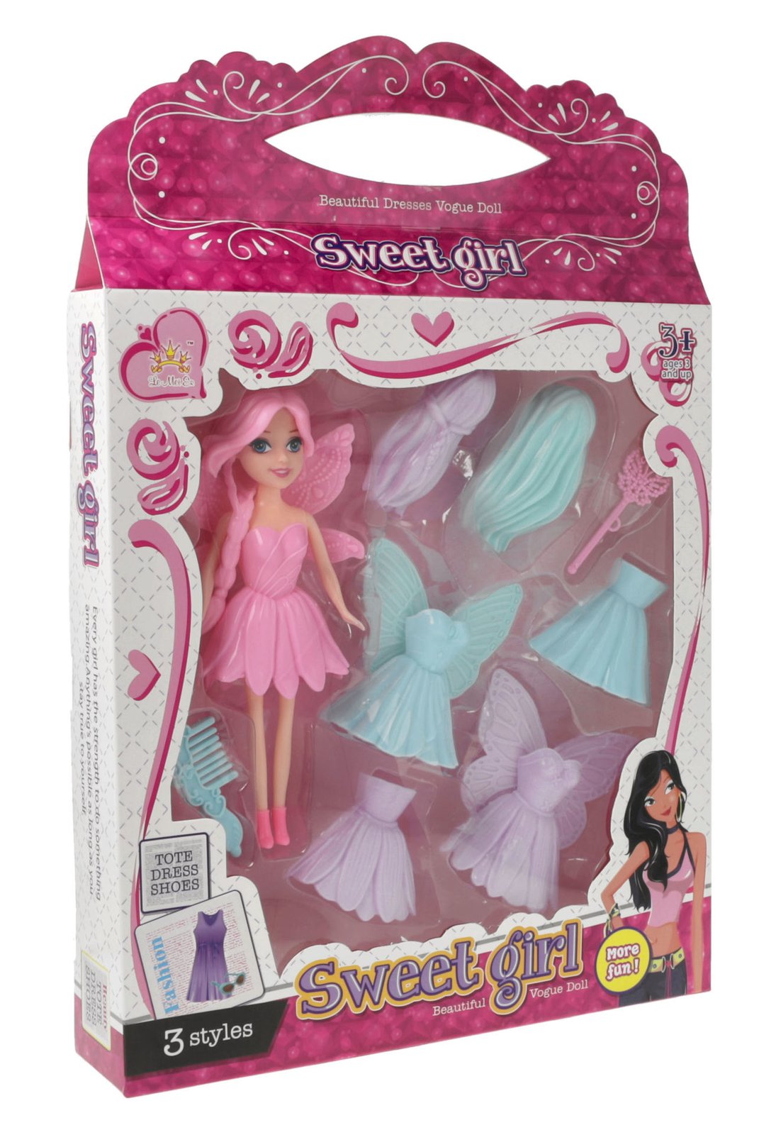 Muñeca ángel vestidos 3 pelucas y accesorios