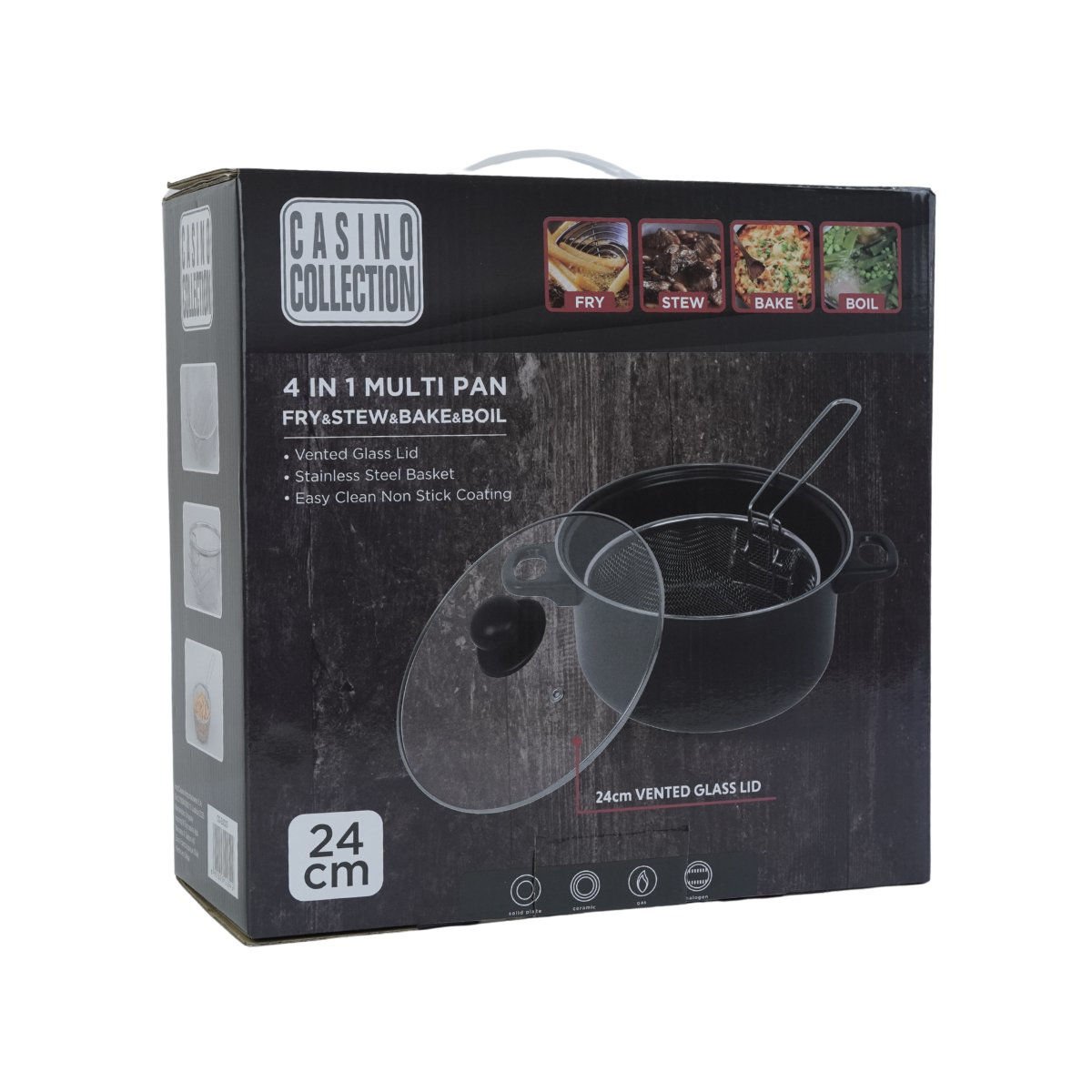 Olla freidora con tapa de vidrio y colador, mango, 24 cm