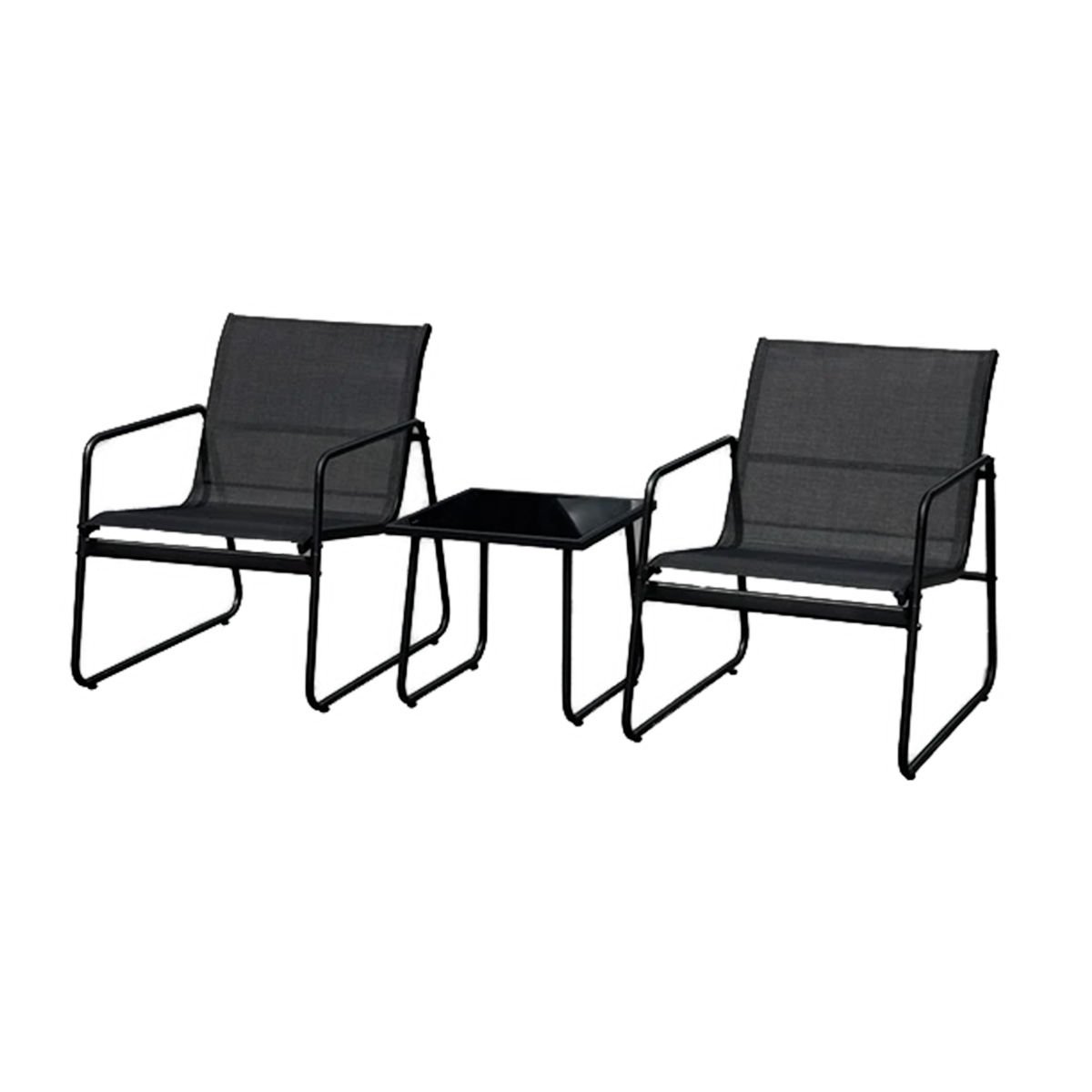Juego de jardín de metal y red, 2 sillones y mesa con vidrio, 3 piezas