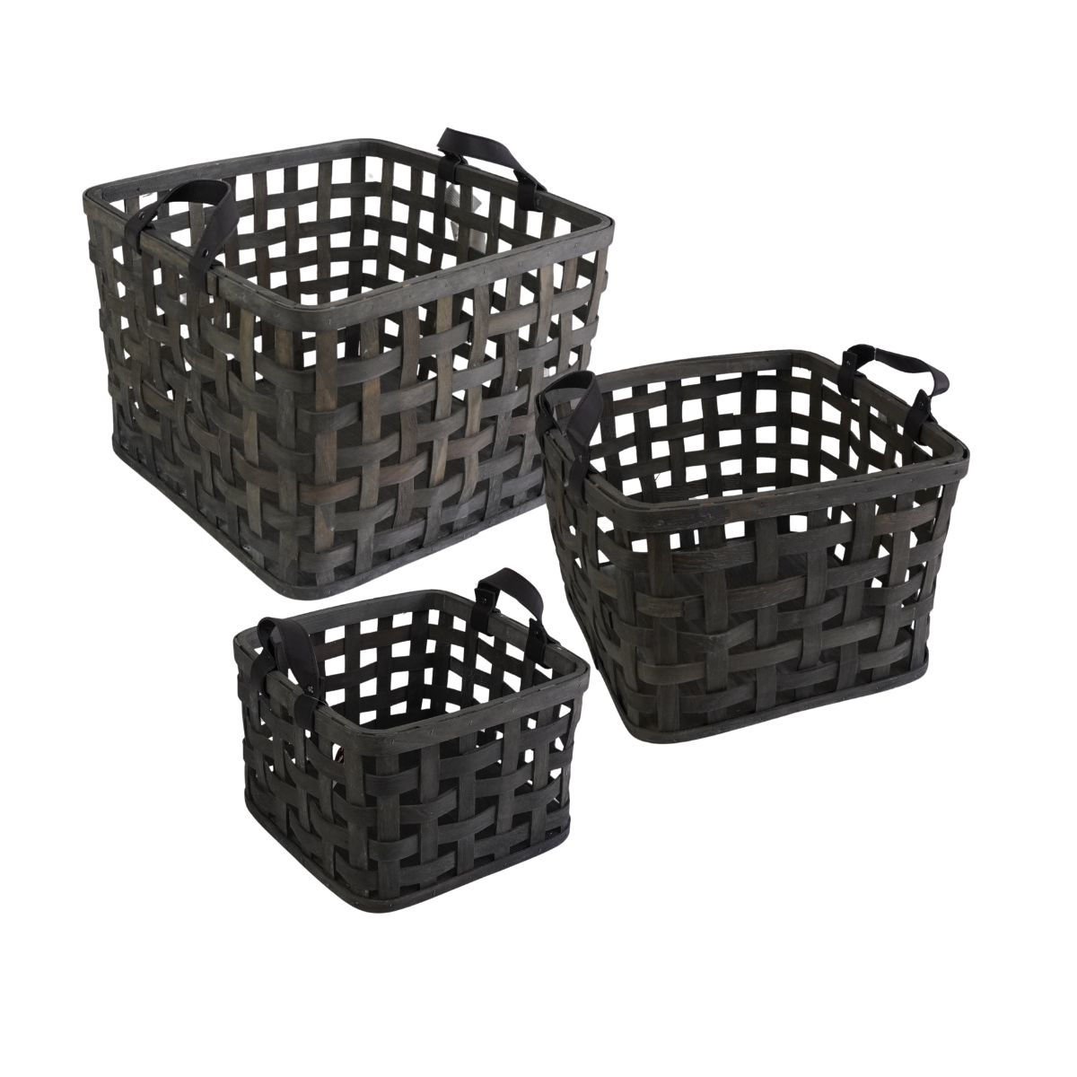 Canasto set de 3 piezas de madera calada con asas de cuero