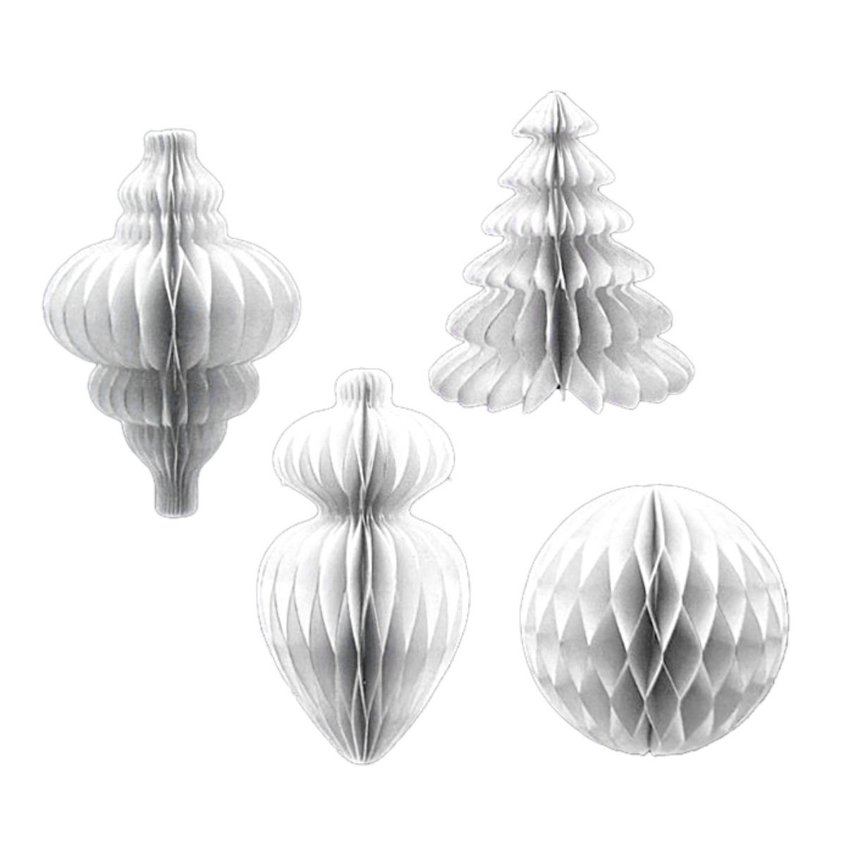 Adorno papel navideño set de 4 piezas blanco borde dorado, 15 cm