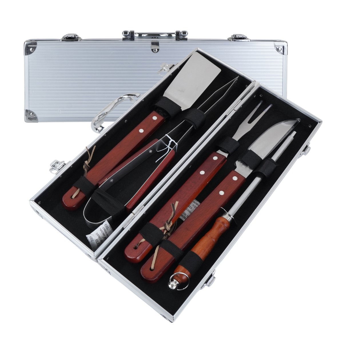 Set de parrillero BBQ de madera valija de aluminio pinza afilador etc, 6 piezas