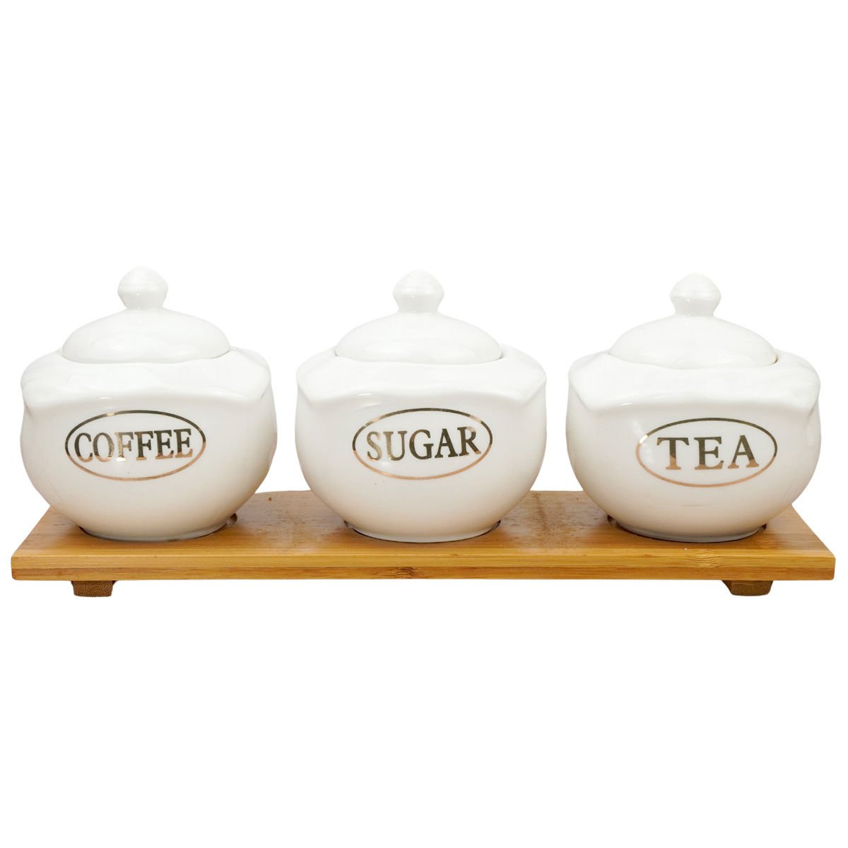 Set de frascos con tapa bandeja de madera te azucar café de cerámica, 300 ml, 3 piezas