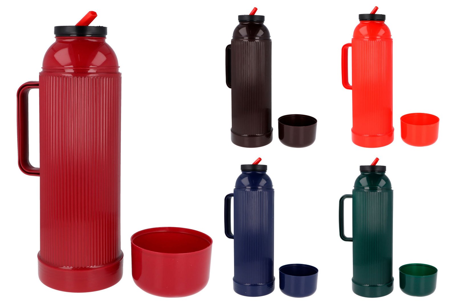 Termo de plástico liso con asa y tapón cebador, 1 L